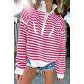 Pink Stripe Zip up Collar Drop Shoulder Sweater