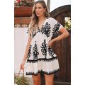 Black Vintage Print V Neck High Waist Short Sle...