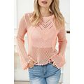 Pink Hollowed Eyelets Knit Bell Sleeve Sweater