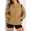 Brown Solid Kangaroo Pocket Half Zipper Oversiz...