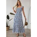 Sky Blue Boho Print Smocked High Waist Maxi Dress