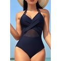 Navy Blue Halter Mesh Insert Cross Front One-Pi...