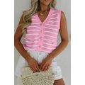 Pink Stripe V Neck Gold Buttons Elegant Sweater...