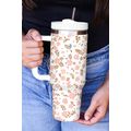 White Cute Flower Print Large Stainless Steel T...