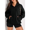 Black Solid Kangaroo Pocket Half Zipper Oversiz...