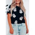 Black Glitter Ghost Pattern Crew Neck Halloween...