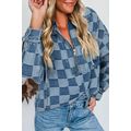 Sky Blue Checkerboard Zipped Neck Kangaroo Pock...