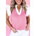 Pink Contrast V Neck Ruffled Textured Knit Top