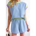 Blue Contrast Trim Cap Sleeve Tee Shorts Set