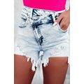 Light Blue Acid Wash Crossed Raw Edge Denim Shorts