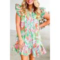 Green Abstract Floral Ruffle Trim Flutter Sleev...