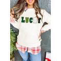 White LUCKY Chenille Embroidered Cable Knit Pul...