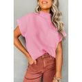 Pink Patch Pocket Ribbed Knit Short Sleeve Sweater