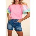 Pink Sequin Colorblock Striped Puff Sleeve Top