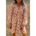 Beige Floral Deep V Neck Smocked Bust Bubble Sl...
