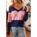 Blue Stripe Colorblock Button Decor Long Sleeve...