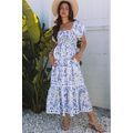 Sky Blue Floral Print Square Neck Bubble Sleeve...
