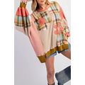 Multicolour Waffle Knit Plaid Patchwork Side Sl...