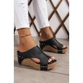 Black Hollow Out Studded PU Leather Wedge Slippers