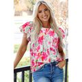 Rose Floral Print Flutter Sleeve Round Neck Cas...