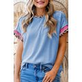 Sky Blue Leopard Patchwork Corded Knit Crew Nec...