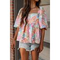 Pink Floral Puff Sleeve Square Neck Babydoll Bl...