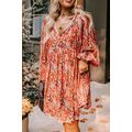Orange Floral Print Split V Neck Bubble Sleeve ...
