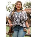 Khaki Leopard Contrast Trim Short Sleeve Loose ...