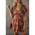 Red Floral Puff Sleeve Square Neck Knot Open Ba...