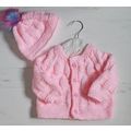 Hand Knitted Baby Pink Chunky Wool Jacket & Hat...