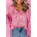 Pink Floral Puff Sleeve Split Neck Lightweight ...