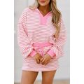 Pink Stripe Collared V Neck Drop Shoulder Pullo...