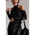 Black Ribbed Knit Cold Shoulder Choker Neck Swe...