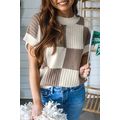 Khaki Checkered Color Block Crew Neck Short Sle...