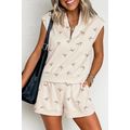 Beige Bow Print Half Zip Tank and Shorts 2pcs Set