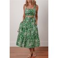 Green Floral Print Shirred Crop Top and High Wa...