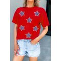 Red July 4th Fashion Sequin Star Graphic T Shirt
