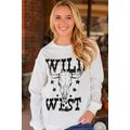 White WILD WEST Steer Skull Graphic Ribbed Swea...