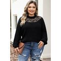 Black Plus Size Ribbed Knit Lace Splicing High ...