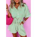Green Stripe Textured Short Sleeve Collared But...