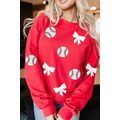 Red Sequin Baseball Bow Patched Pattern Game Da...