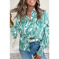 Green Paisley Print Smocked Cuff Buttoned Loose...