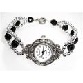 Wrist watch quartz silver + black glass beads 7...