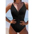Black V Neck Twist Ruched Crisscross Backless O...