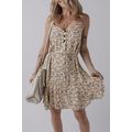 Khaki Boho Floral Printed Tie Waist Flared Sund...