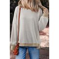Brown Stripe Ribbed Trim Drop Shoulder Long Sle...