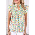 Green Shirred Yoke Ruffled Abstract Printed Blouse