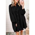 Black Patchwork Crinkle Puff Sleeve Shirt Dress