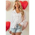 White Love Heart Print Drop Shoulder Puff Sleev...