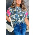 Beige Embroidered Puff Sleeve Frilled Neck Prin...